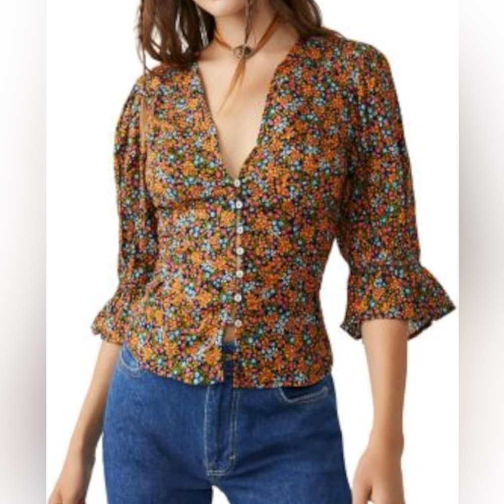 Free People Rust Floral Button-Up Blouse